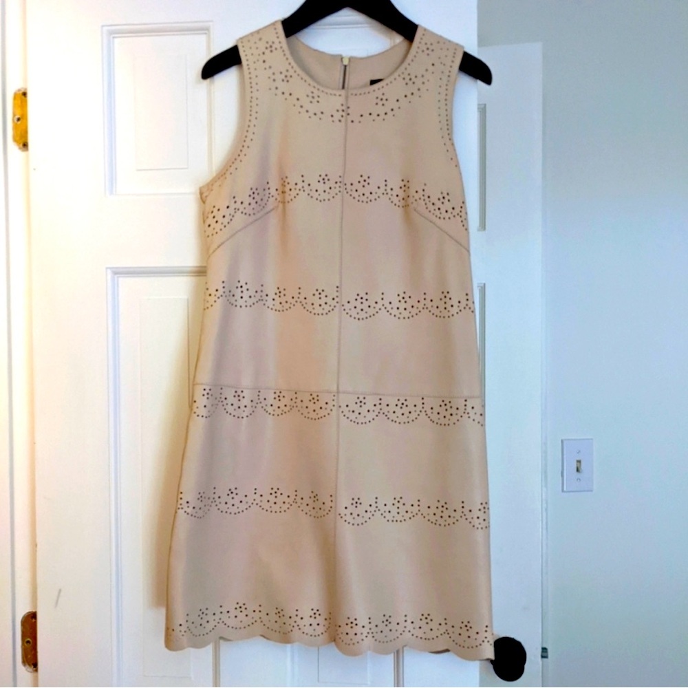 French Connection Leather Cream Broderie Brogue Shift Dress US Size 6.